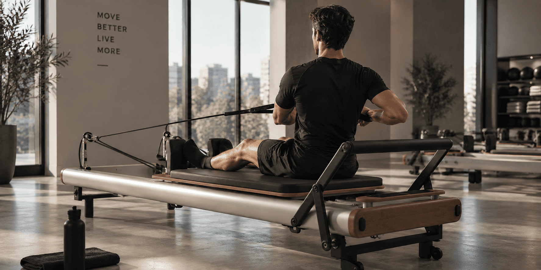 A man training on a Pilates reformer machine